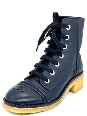 CHANEL 20P 2022 Leather CC Cap Toe Lace Up Combat Ankle Booties Boots